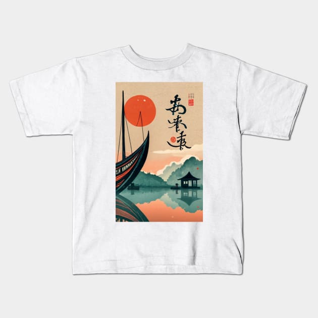 Japanese sunset fishing Kids T-Shirt by Scar